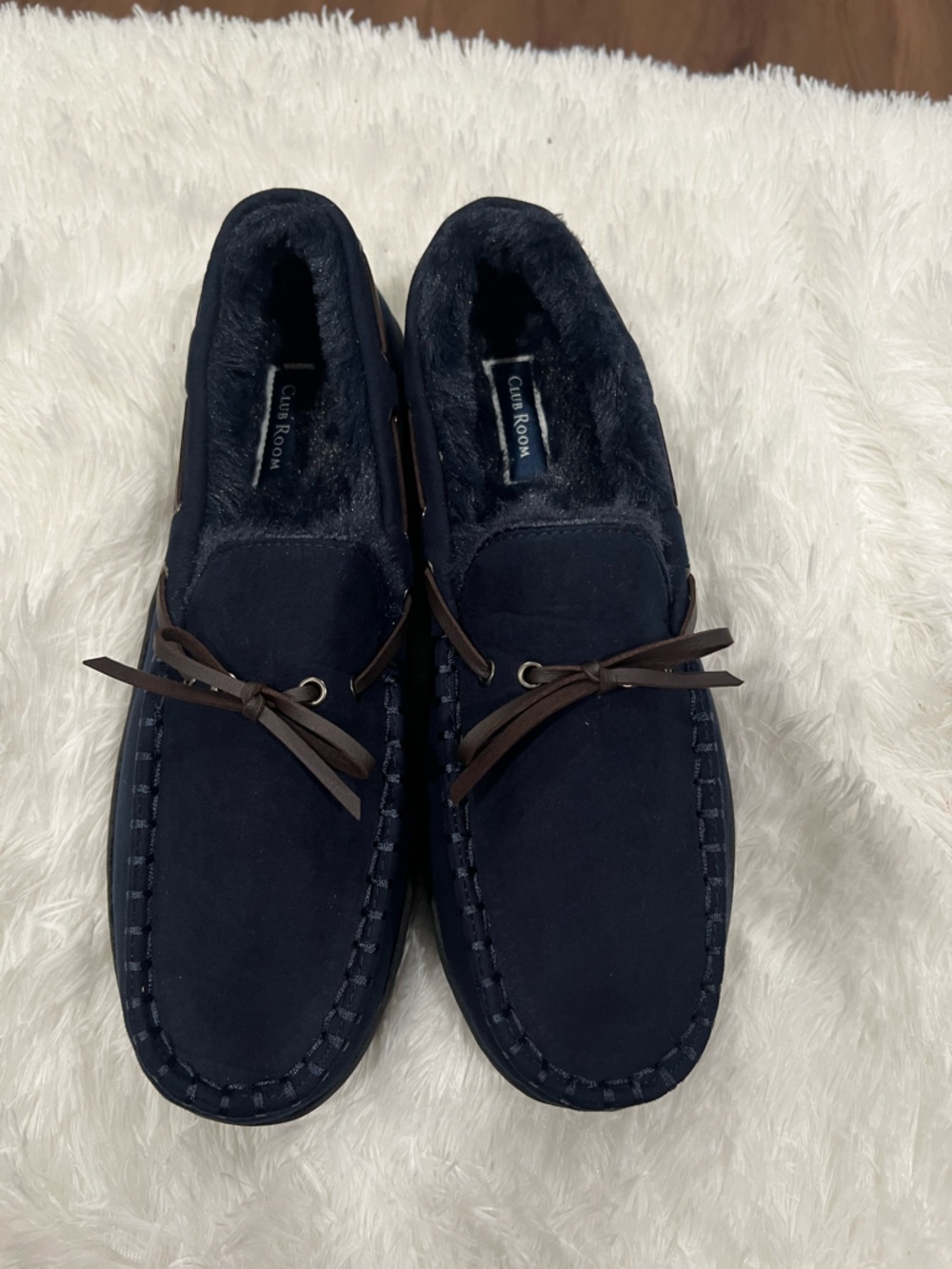 Club Room Navy Suede Slip-On Moccasin with Brown Bow